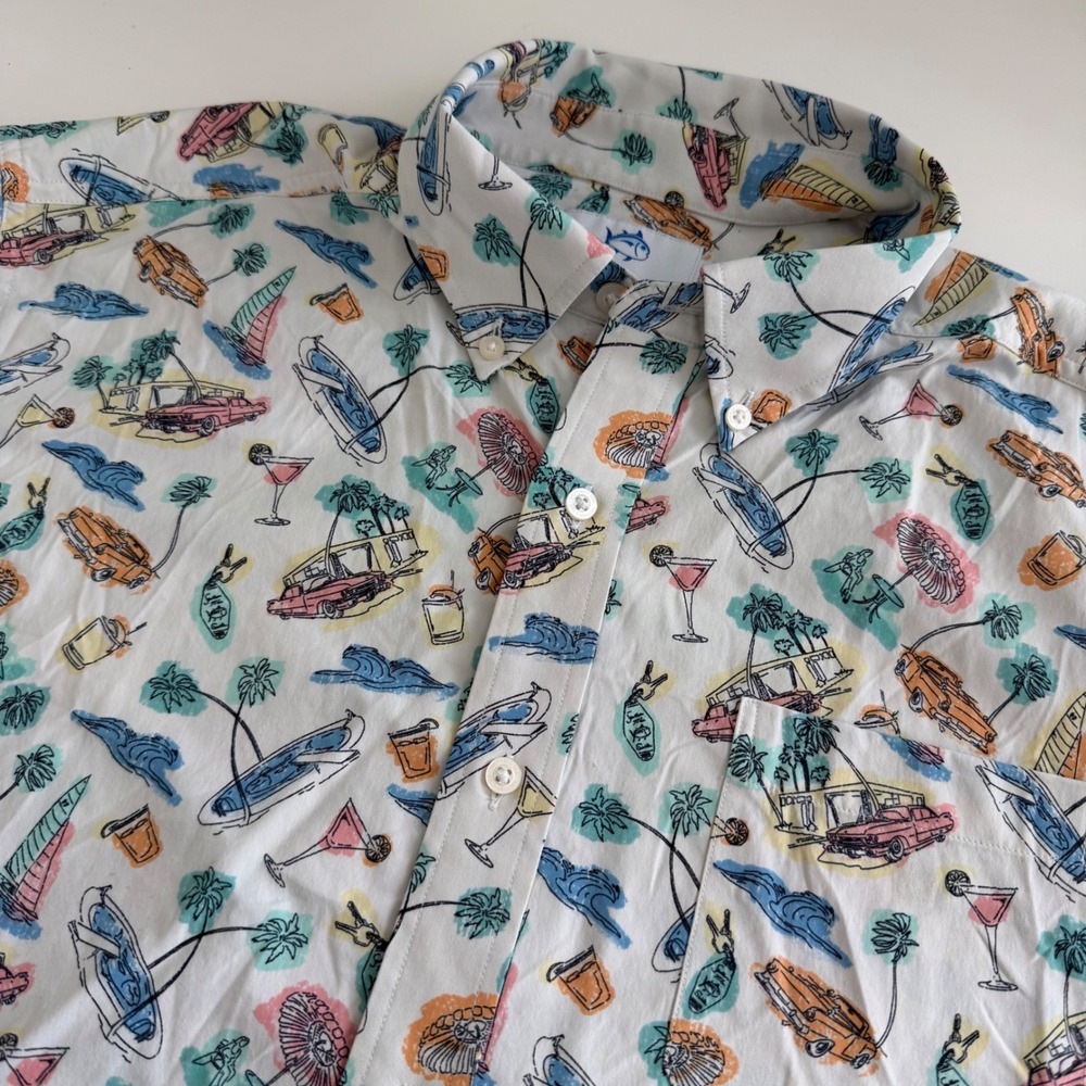 Southern Tide Mens Performance Beach Print Button Down Shirt White 9651 Large